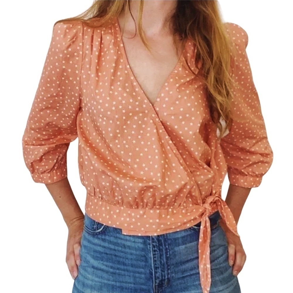 Madewell Blouse Top Shirt Wrap Peach Scatter Star Print Crossover Waist Tie